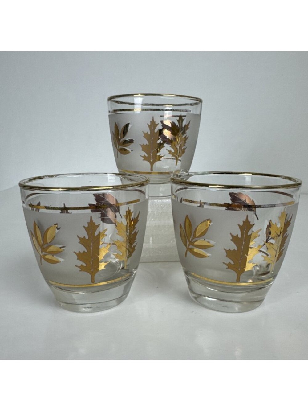 (3) Vtg Libby Frosted Cocktail Glasses Gold Autumn Leaf Foliage MCM bar dining